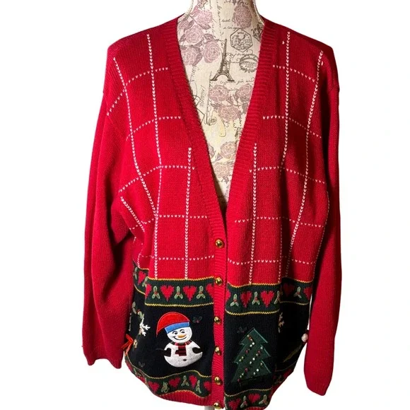 Vintage Cottagecore Red Christmas Snowman Tree Sweater Women 14/16 Cardigan - Picture 1 of 13
